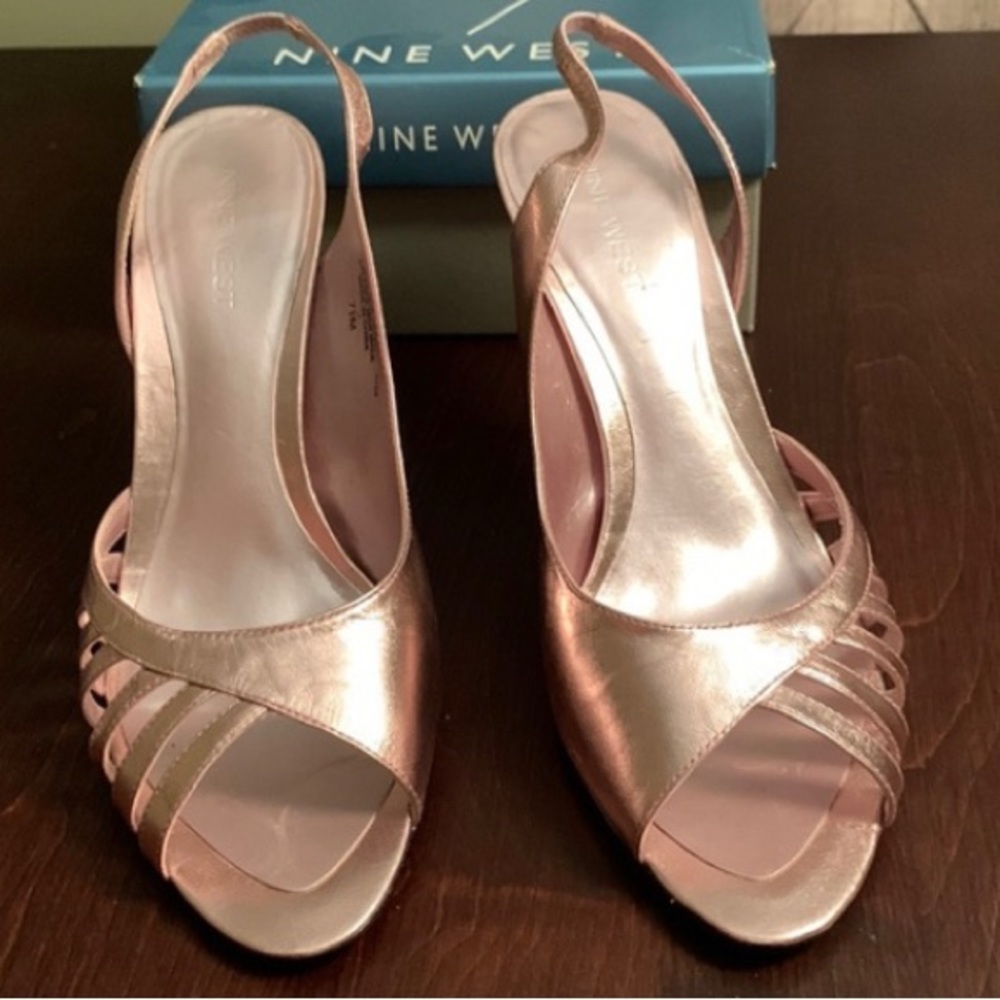 Nine West Sling Back Pink Metallic Open Toe Heels - Size 7.5